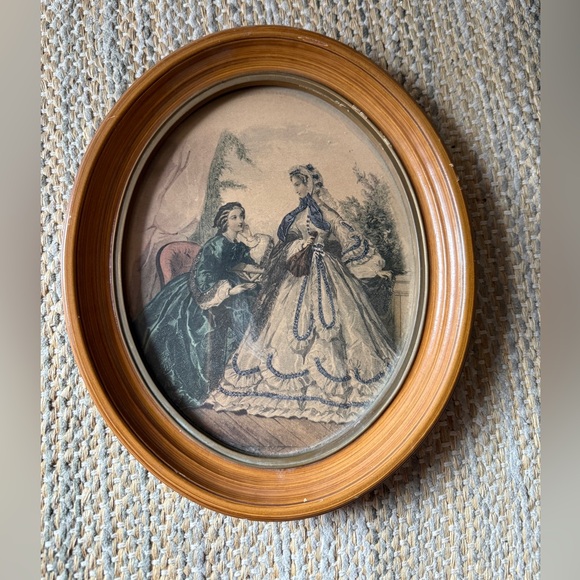 Vintage French Oval wood Framed Victorian Print women female art France femme - Picture 1 of 11